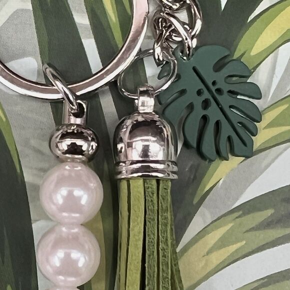 PLANT LADY Bag Charm Keychain Multi MONSTERA Pendant Suede Tassel Faux Pearls - Picture 10 of 17